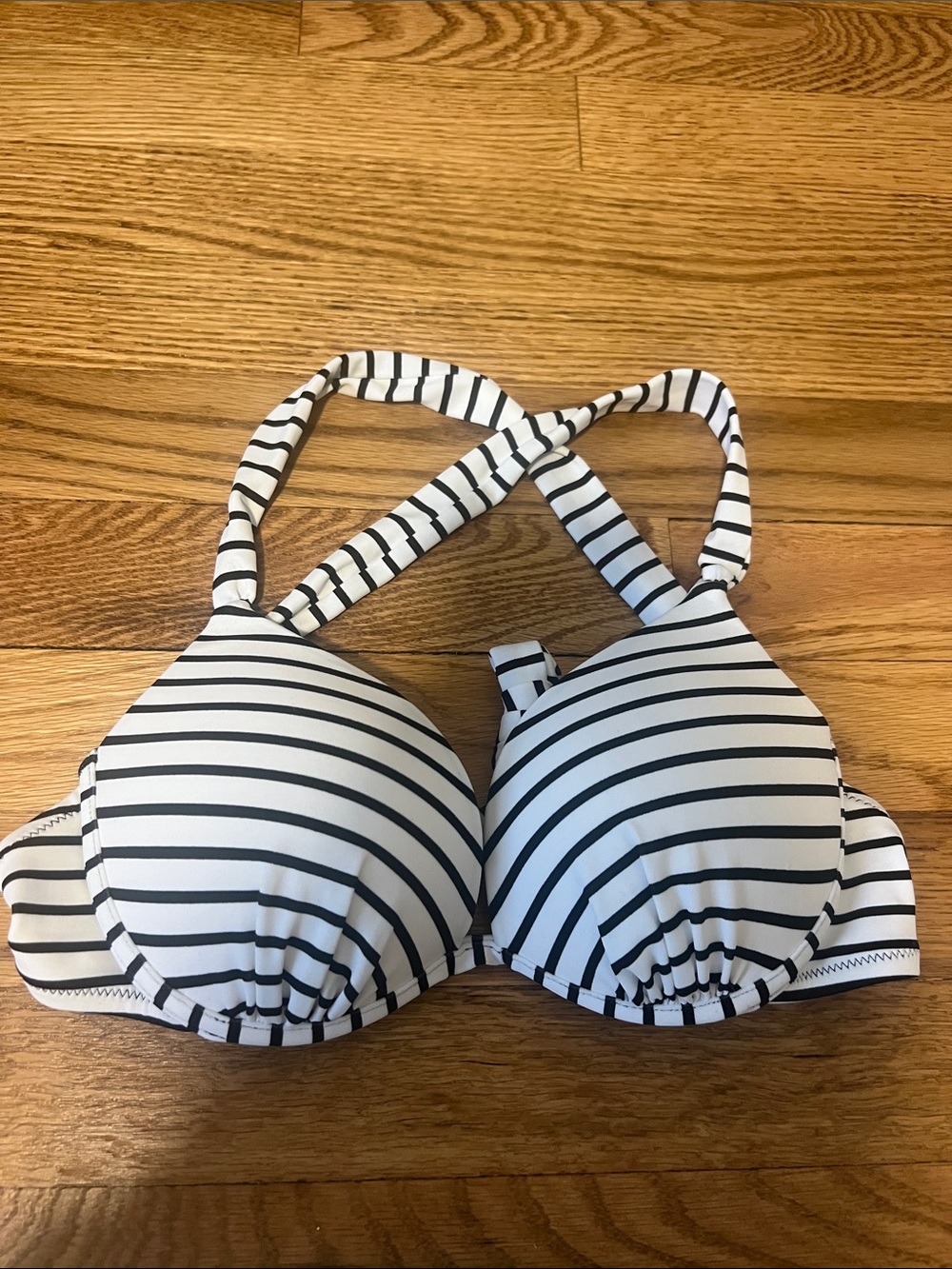 Victoria's Secret Black and White Striped Padded Cross-Back Bikini Top